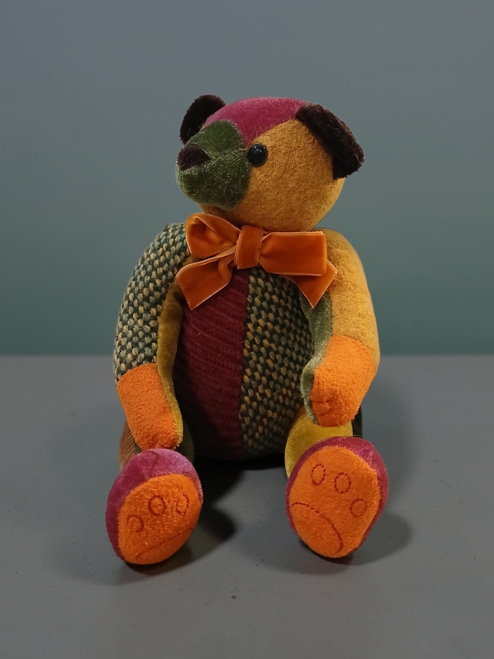 Plush Patchwork Multicolor Velvet Bear with Bow